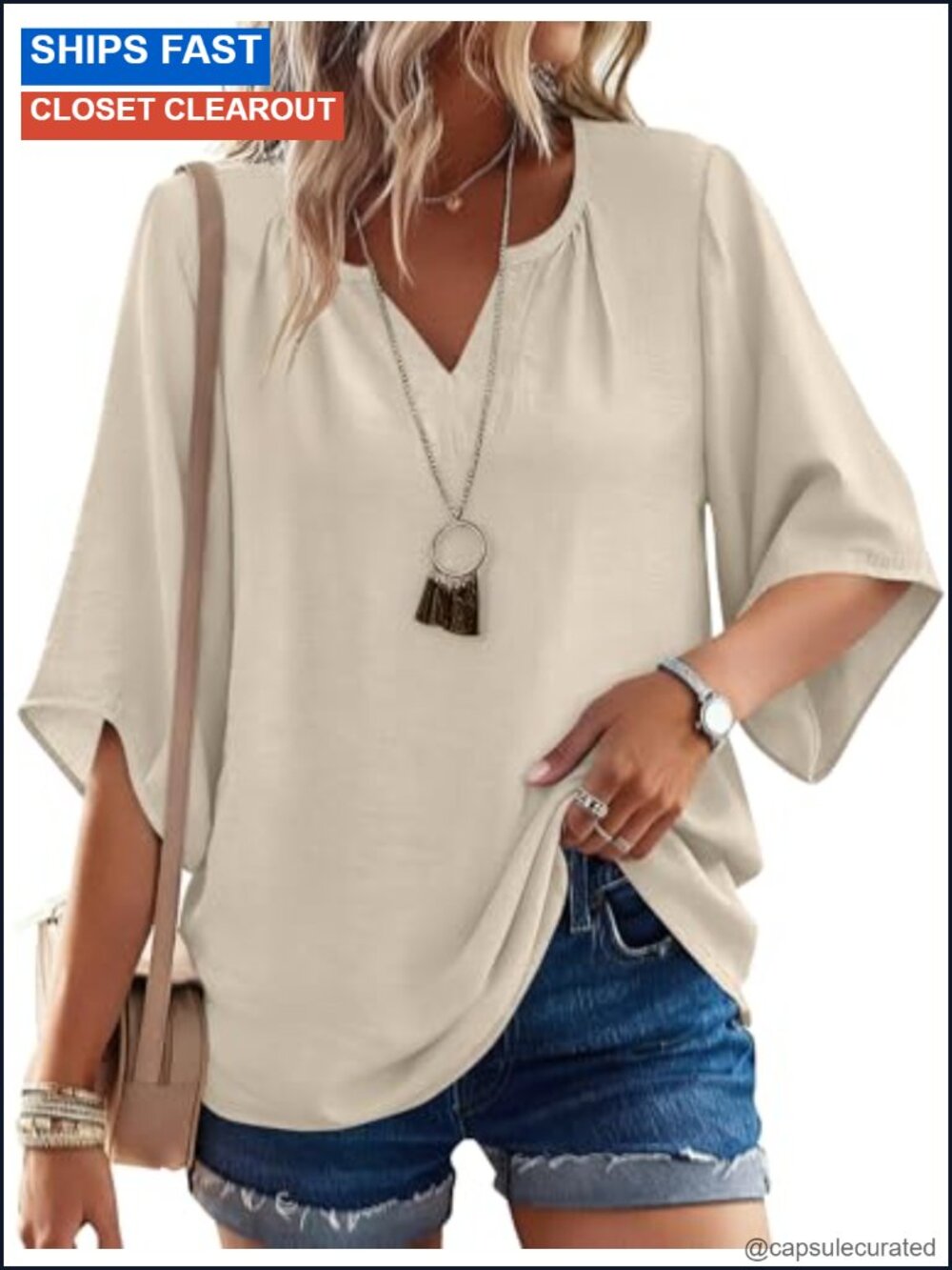 80% Rayon Boho Peasant Tunic Top 3/4 Sleeve V-Neck